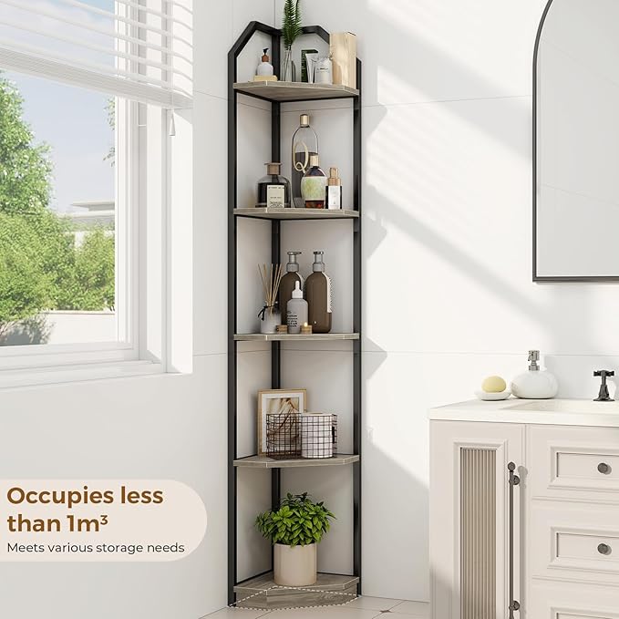 5 Tier Corner Wall Shelf Stand, 70" Metal Corner Shelves Bookshelf Display Shelf for Living Room Decor, Tall Plant Stand Multi Unit Organizer, Standing Shelf for Bedroom,Bathroom,Small Space (Grey)