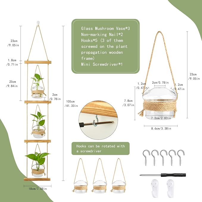 XXXFLOWER 3 Tiers Mushroom Glass Vase Wall Planter Hydroponic Propagation Station with Hanging Herb Cuttings Vase for Hydroponic Plant Decor for Living Room Indoor Outdoor Multi-Space