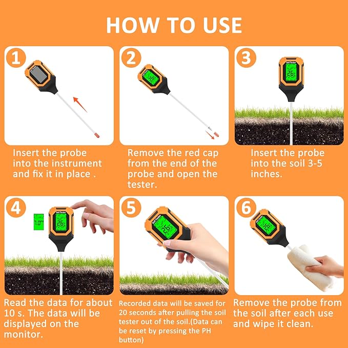 4-in-1 Soil Moisture Meter Digital PH Meter/Soil Moisture/Plant Temperature/Sunlight Intensity, Backlight LCD Display, Soil Test Meter for Garden, Lawn, Plant Care, Farm and Indoor Outdoor Plants