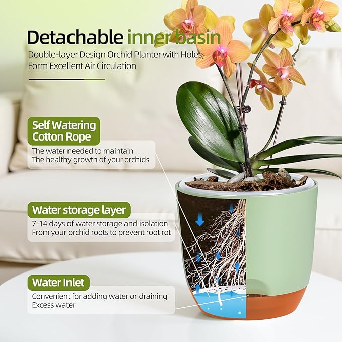 QCQHDU 2 Pack 7.2 Inch Orchid Pots with Holes for Repotting, Double-Layer and Self Watering Orchid Pot with Good Air Circulation