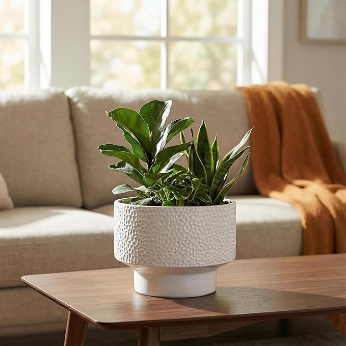 13 Inch Ceramic Pots for Plants, Large Planters for Indoor Plants with Drainage Hole, Modern Indoor Plant Pots for Home Office, Honeycomb Ceramic Planter Pots, White