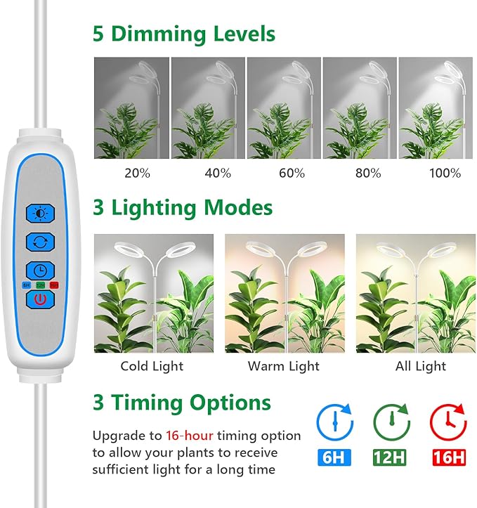 Aumtrly Large Plant Light for Indoor Plants, 2 Head Full Spectrum Grow Light with 68" Adjustable Stand for Growing Large Tall Plants, White Halo Floor LED Grow Lamp with 16 Hour Timer
