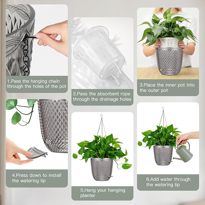 QCQHDU Hanging Planters for Indoor Plants, 2-Pack 7.2 Inch Self Watering Hanging Pots, Plastic Plant Hanger with Drainage Holes and 3 Hooks Chains for Garden Home (Gray)