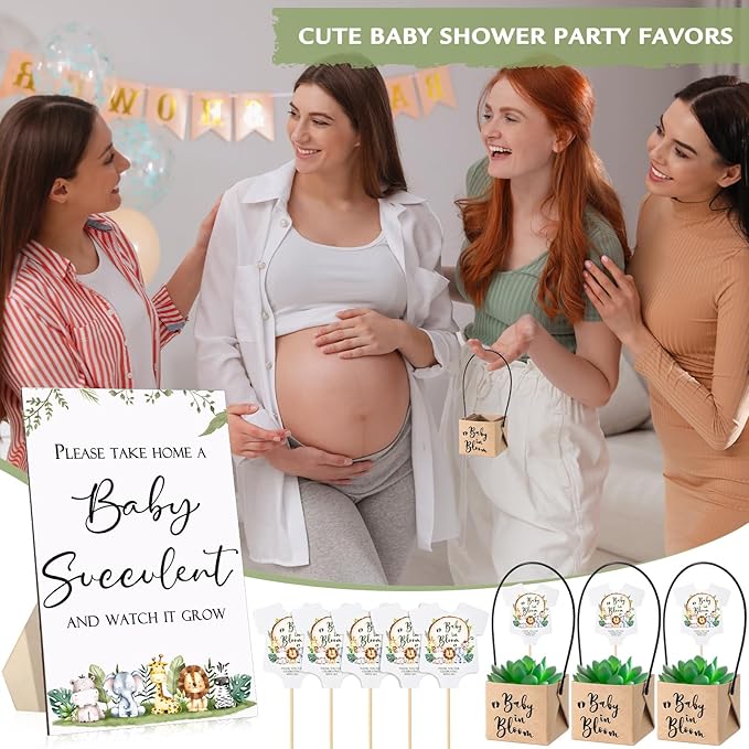 Geetery 101 Pcs Succulent Baby Shower Party Favors for Guests Include 1 Wooden Table Sign 50 Kraft Succulent Pots and 50 Tags for Baby Shower Party Gifts(Woodland)