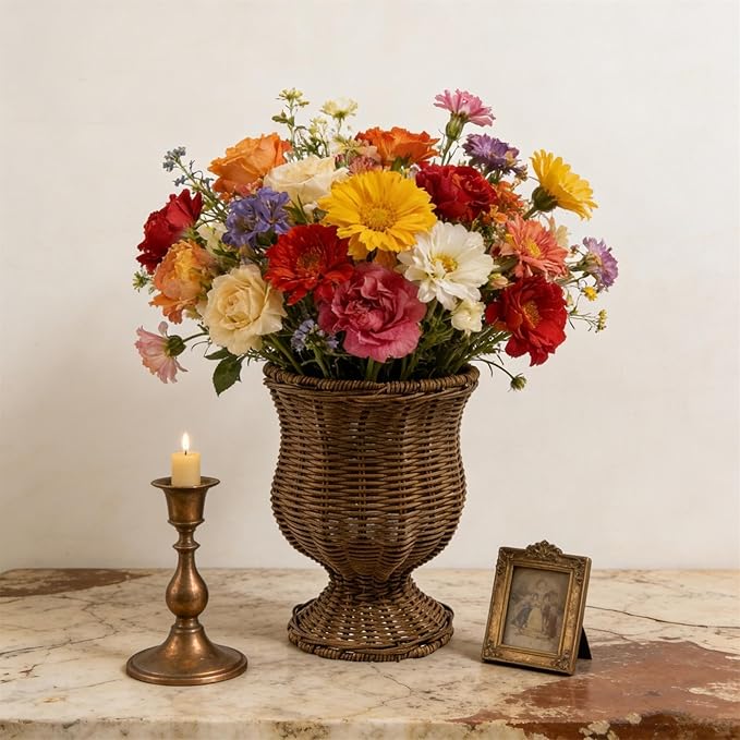11" Urn Goblet Woven Planter – Wicker Flower Pot Woven Flower Basket, Rattan Flower Basket Decorative Indoor Outdoor Flower Vase for Home Garden & Patio Decor