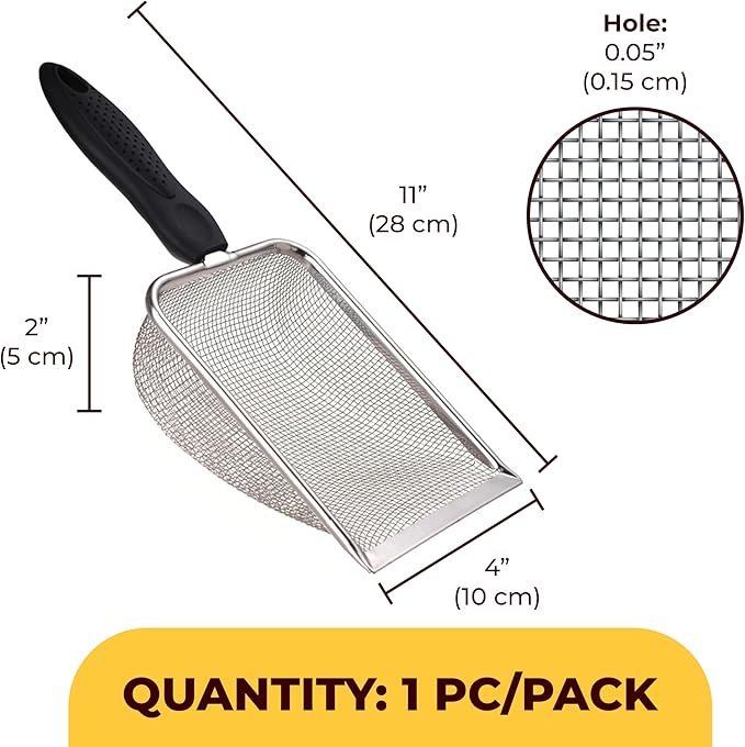 SunGrow Reptile Sand Scoop, Stainless Steel Sifter for Lizard, Gecko & Snake Habitat, Substrate Scoop, Non-Slip Handle, Fine Mesh Scooper for Clumping Sand – Not Suitable for Pellet or Crystal Litter