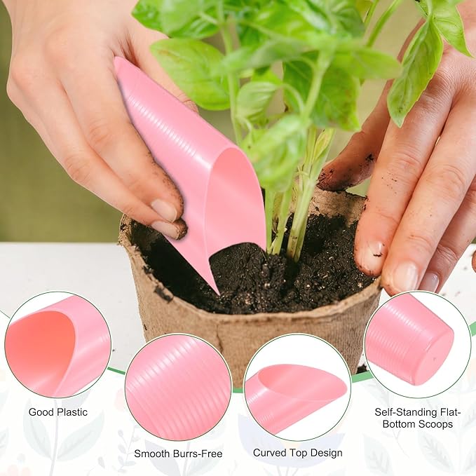 M METERXITY 18-Pack Bonsai Soil Scoops, Plastic Garden Soil Scoops Bucket Shovel Potting Scoopers for Transplanting/Flower Planting/Plant Succulent, Colorful Small Gardening Tools [Pink]