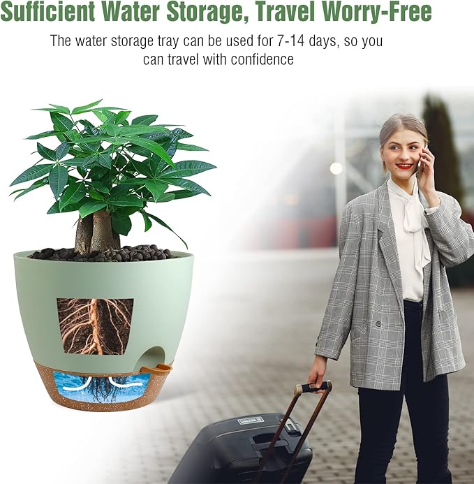 UOUZ 12inch 2Pack Large Self Watering Planters, Plastic Plant Pots with 60oZ Removable Deep Reservoir and Multi Mesh Drainage Holes for Indoor Outdoor Garden Plants and Flowers, Green with Brown