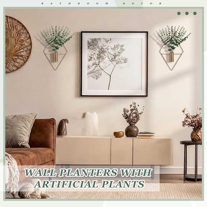 Canlierr 4 Pieces Bronze Wall Decor Hanging Planters with Artificial Plants Metal Hanging Vase Indoor Plants Holder Modern Boho Wall Art for Bathroom Bedroom Living Room Decor, Eucalyptus