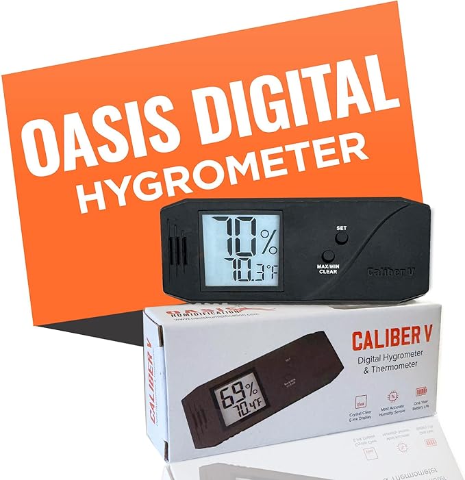 Oasis Caliber V Digital Hygrometer and Thermometer - Slim Hygrometer & Thermometer w/Digital Humidity Sensor Gauge for Precise Readings - Temperature & Humidity Sensor - Black - 4" W x 1" H