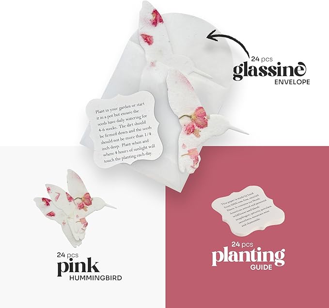 Pink Hummingbird Gift Tags with Wildflower Seeds - 24pcs Writable Gift Wrap Tags for Baby Showers, Mother's Day Present, Party Favors, DIY Crafts, & Earth Day Decorations