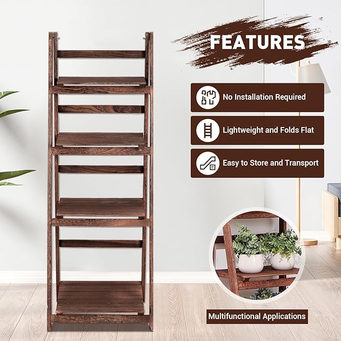 Funkeen 4 Tier Wooden Ladder Shelf, Decorative Freestanding Leaning Display Bookshelf, Folding Indoor & Outdoor Plant Stand Rustic Storage Rack Shelves for Living Room, Bathroom, Balcony, Kitchen