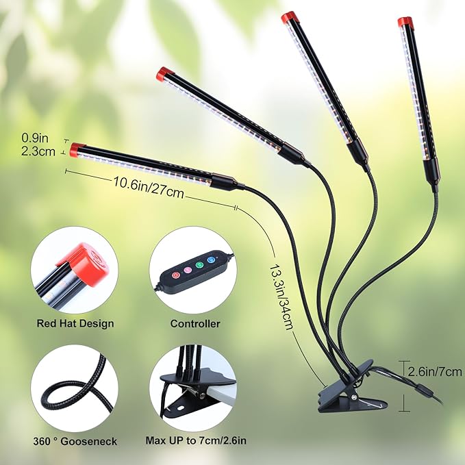 4Head Strong Clip Grow Lights for Indoor Plants, Seed Starting, Bonsai, 4/8/12/16/20H Timer, 36 Watt Power Draw, NO Need Adapter, Bright and Big Coverage, Best Gift for Plants Lover