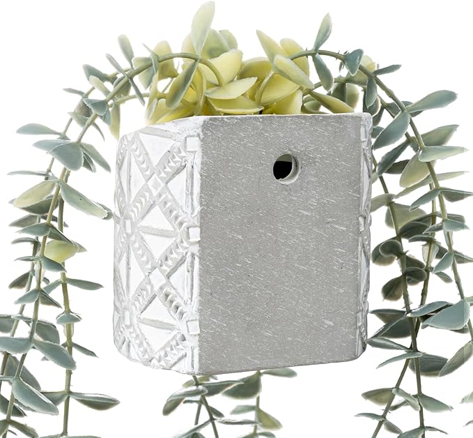 MyGift Wall Mounted Artificial Eucalyptus Plant in Modern Geometric Embossed Pattern Cement Concrete Planter Pot, Fake Faux Decorative Potted Greenery Decor