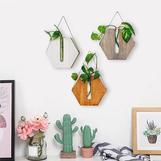 Firlar Premium Wall Mounted Propagation Station Wall Hanging Planter Tubes, Wooden Base Glass Plant Pots Plant Terrarium, Indoor Wall Vases for Modern Living Office Spaces(Brown)