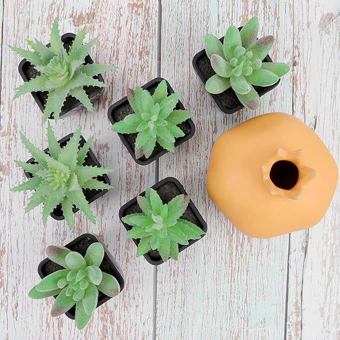Woration 6pcs Fake Succulent Plants in Black Pots Artificial Mini Succulents Potted Green Decor Set Faux Greenery for Office Desk Table Shelf Party Decorations
