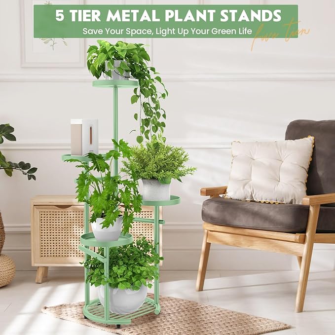 TOSKING 5 Tier Metal Plant Stand Indoor，Anti-Tip Round Base for Pots, Child & Pet Friendly,Plant Shelf, Corner Shelf Flower Pot Stand for Outdoor Plant Stand for Living Room Balcony Garden Patio Bedroom (Green, 42in)