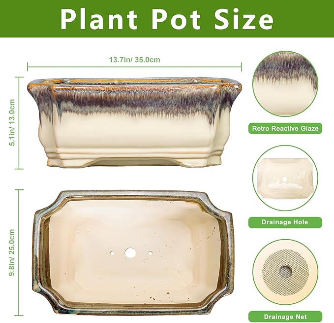 13.7 Inch Bonsai Planter - Ceramic Bonsai Tree Pots for Indoor Outdoor Plants, Succulent Pots with Drainage Hole, Large Plant Pot, Patio Decor, Gifts for Gardeners, Rectangular Beige-Brown