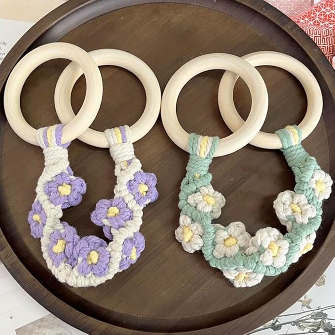 4 Pcs Daisy Flower Macrame Towel Holder Ring, Crochet Hanging Kitchen Dish Towel Holder, Handmade Kitchen Towel Hanger with Wood Hanging Loop for House Oven Stove Door
