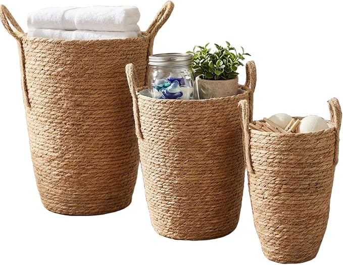 3PCS Rattan Planter, 3 Sizes Seagrass Woven Plant Basket with Waterproof Liner, Plant Baskets Indoor with Handle for Balcony Home Decoration|Flowerpot