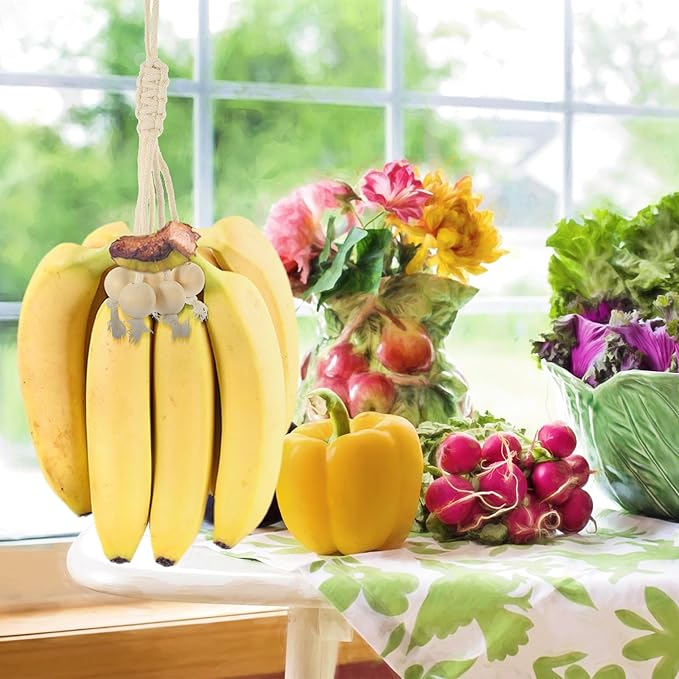 Cabilock Banana Hanger Cotton Rope with Wooden Beads Hanging Fruit Storage Organizer for Kitchen Cabinet or Countertop