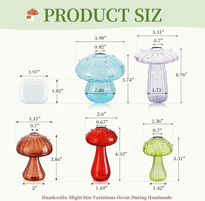Mushroom Glass Propagation Station for Plants: Set of 5 Colored Vases Terrarium Kit for Home Office Indoor Hydroponics Decor - Birthday Gifts for Women Mom Grandma
