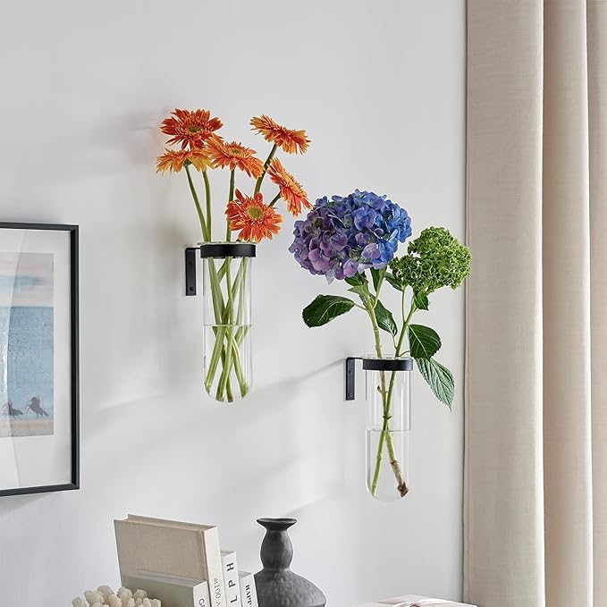 2 Piece Hanging Glass Wall Vase Set, Iron Metal Plant Stand with Clear Borosilicate Glass Tubes, Creative Wall Mount Vase for Flowers, Air Plants, Home Office Wedding Decoration