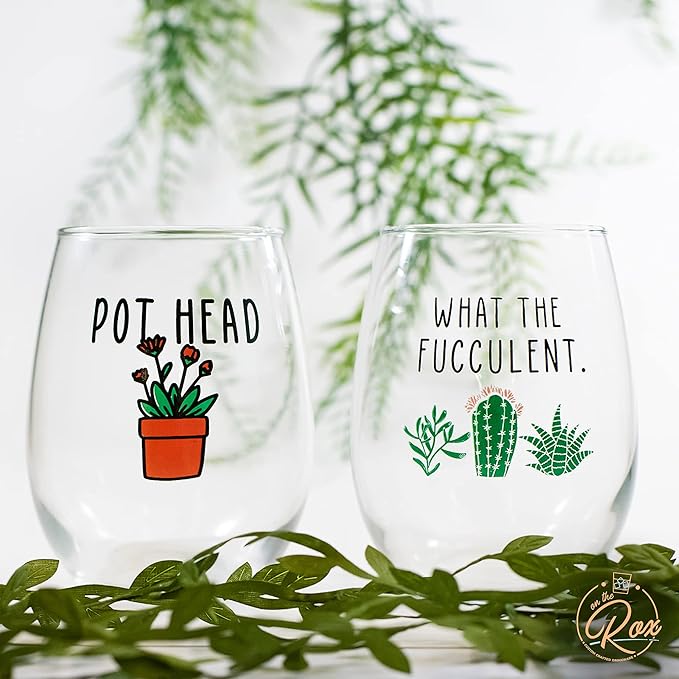 Succulent Cactus Gifts for Women - Set of 2 Funny Wine Glasses 15oz - Plant Lover Gift Mug - What the Fucculent - Pot Head Crazy - Plant Lady Wine Glass Tumbler - Custom Stemless Wine Glasses