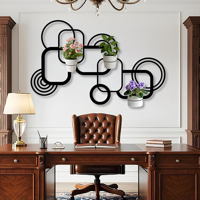 OZF Geometric Metal Wall Mounted Plant Holder, Metal Wall Plant Holder for Indoor, Geometric Line Hanging Planters for Living Room,Office (Gold, 47"x 29"| 120x75cm, 3 Pack 4" Flower Pot Holder Ring)