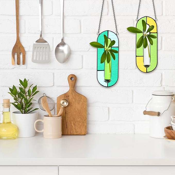 2 Sets Stained Glass Window Hanging Propagation Window Propagation Stations Planters with Glass Tubes and Chain Terrarium Wall Plant Holder Decor for Living Room
