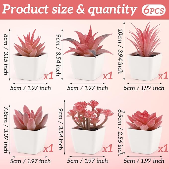 Woration 6Pcs Small Artificial Pink Succulent Set Fake Flocking Succulents Plants Potted Floral Arrangement for Shelf Office Home Desk Decorations - White Pots