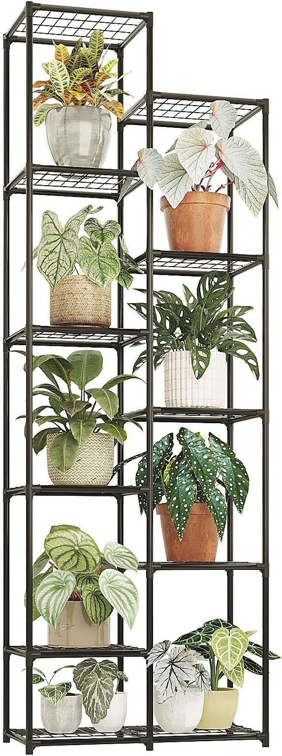 Bamworld Plant Stand Indoor Outdoor 11 Tier Tall Large Metal Plant Shelf Multi Tier Flower Stands Garden Shelves Wooden Plant Display Holder Rack for Living Room Corner Black