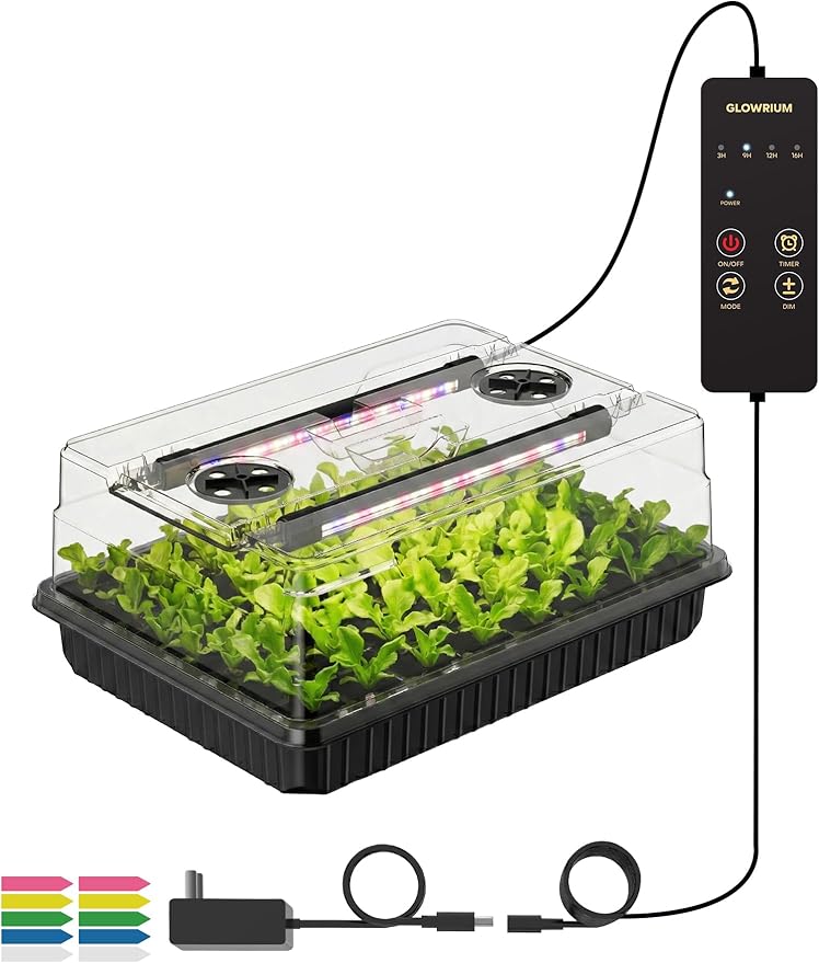 GLOWRIUM Seed Starter Tray with Grow Lights, 1 Pack 54-Cell Seed Starter Kit with 4.3" Humidity Dome, Indoor Seedling Starter Tray with 3/9/12/16h Timer, Adjustable Brightness Seed Starting Trays