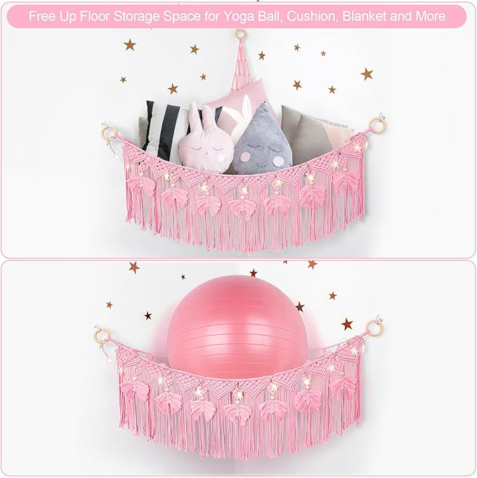 ANROYE Macrame Stuffed Animal Storage with Star Light, Bear Pink Hammock for Girls Room Decor, Corner Hanging Mesh Organizer Idea for Nursery, Plushies Toy Wall Hanging Display Holder Kid Boy Gift