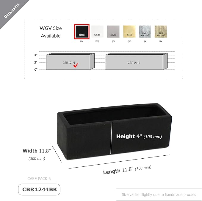 WGVI Long Rectangle Ceramic Planter Vase in Black 12" x 4" x 4"H, Block Rectangular Terrarium Box Pot, Flower Arrangement, Table top Centerpiece, Home Decor Organization Storage Container, 1 Pc.