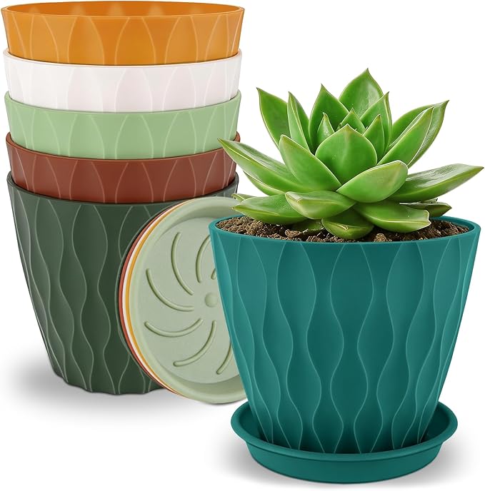 YNNICO 4 inch Plant Pots, 6 Pack Flower Pots Outdoor Indoor, Planters with Drainage Holes and Tray Saucers-Multicolor