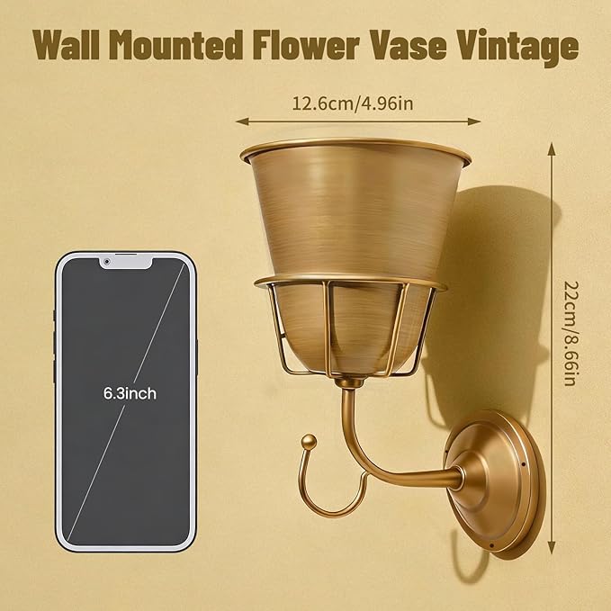 Gold Wall Vase for Flowers, Boho Metal Hanging Vessel, Versatile Organizer Wall Decor for Home Living Room, Bedroom, Bathroom & Kitchen, Office