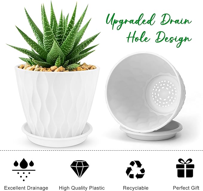 YNNICO 6 inch Plant Pots, 6 Pack Flower Pots Outdoor Indoor, Planters with Drainage Hole and Tray Saucer-White