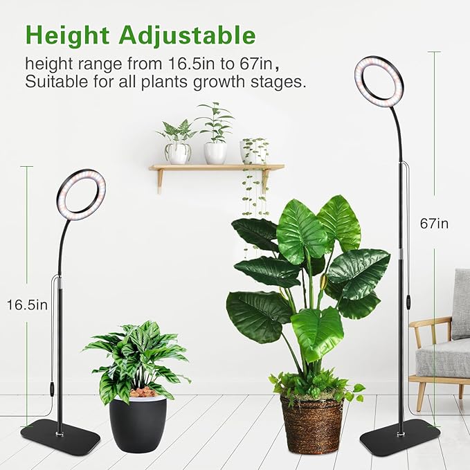 SDOVUERC Full Spectrum Grow Light with Stand for Indoor Plants, Floor Plant Light, 3/9/12H Timer, 3 Color Modes, Adjustable Height 16.5–67in, for Large Plants & Home Décor(1 Head)
