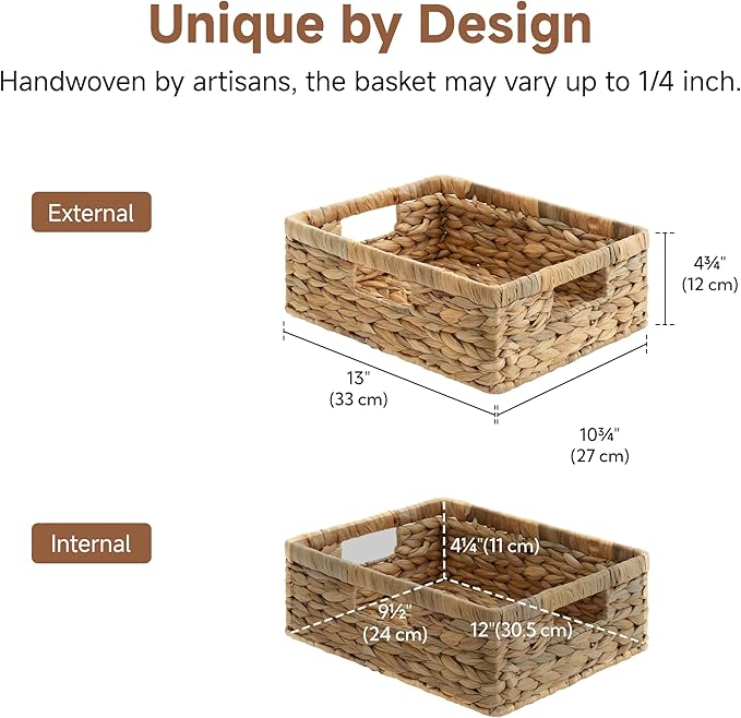 StorageWorks Pantry Baskets, Wicker Storage Baskets for Organizing, Shelves, Pantry Organizers and Storage, Water Hyacinth, 13"L x 10¼"W x 4 ¾"H