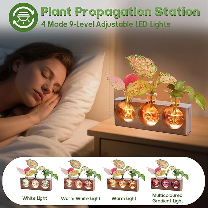 Plant Propagation Station with Wooden Stand, Plant Terrarium with 4 Mode 9-Level Adjustable LED Lights, 3 Glass Propagation Vases for Hydroponics, Propagation Tubes Unique Gifts for Women Home Decor
