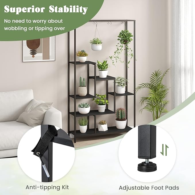 6-Tier Plant Stand Indoor, 70.9" Tall Plant Stand with 10 S Hanging Hooks, Metal Plant Shelf Corner Plant Stands for Indoor Plants, Garden, Balcony, Living Room (Black)