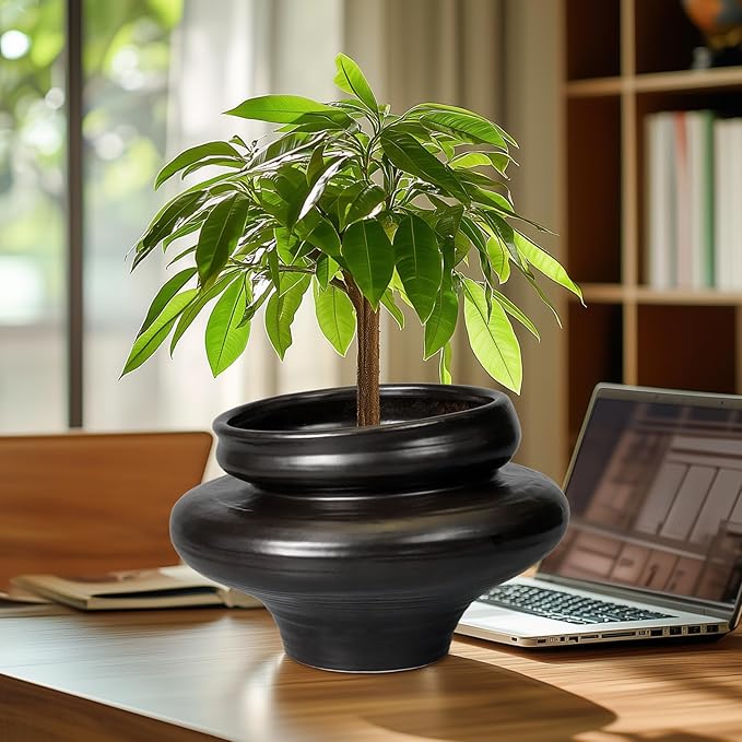 Ceramic Pots for Plants 11 Inch - Bonsai Planter for Outdoor Plants, Black Planter with Drainage Hole, Decorative Plant Pots for Home Decor, Gift for Women Men