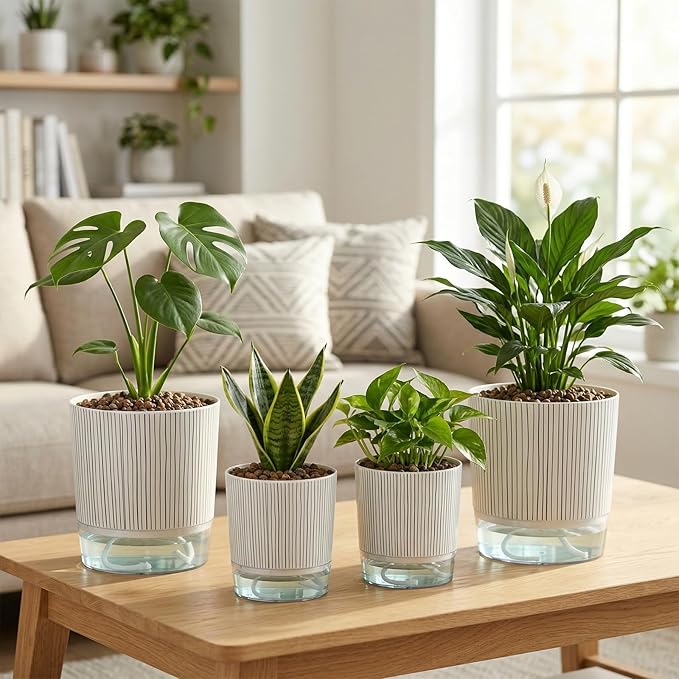 4 Pack Self Watering Pots for Indoor Plants, 4/5.5 Inch Lightweight Planters with Water Reservoir, Flower Pots for African Violet, Spider Plant, Orchid