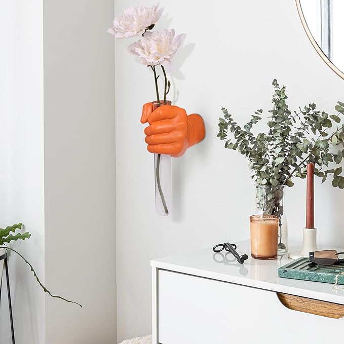 Hand Wall Vase, Gold Hand Sculpture for Kinetic Art,Unique Wall Spooky Hand Decor, Hanging Vase for Unique Decoration in Living Rooms, Entrance and Room,Palmistry vase Statue (Orange)