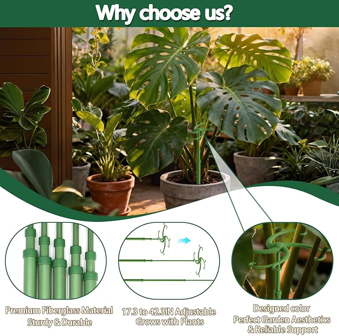 Telescoping Plant Support Stakes,3Pack 17.3 to 42.3IN Adjustable Monstera Plant Support,Garden Stakes with Clips,Sturdy Plant Sticks for Indoor Outdoor Plants, Orchid, Tomato, Vine,Monstera