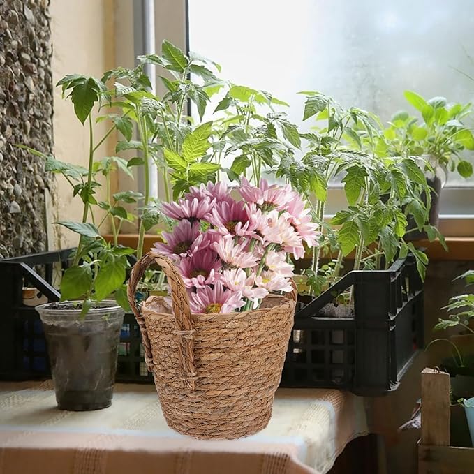 1pc Straw Flower Pot Beach Bag Large House Plant Pots Nursery Plant Pots Seagrass Plant Basket with Handles Hand Woven Plant Flower Pots Cover Seagrass Planter Basket Ornaments