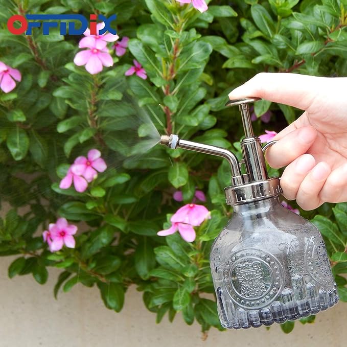 OFFIDIX Plant Mister, 6.3 Inches Tall Vintage Style Spritzer Plastic Top Pump Small Watering Can Glass Spary Bottle Plant Mister,for House Plants, Garden, Home Decora (Gray)