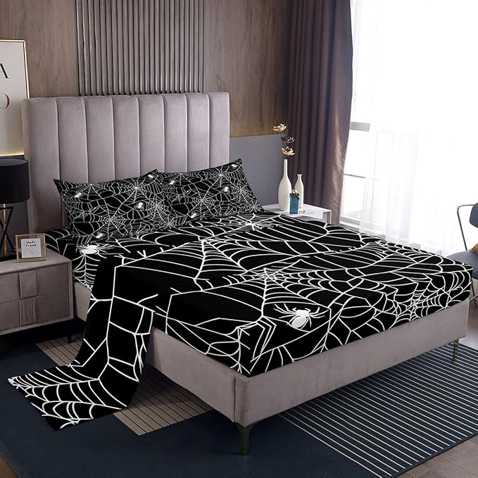 Feelyou Boys Spider Web Sheet Set for Kids Children Halloween Themed Bed Sheet Set Twin Girls Decorative Scary Spider Pattern Sheets Soft Bed Set Black White,Flat Sheet+ Fitted Sheet + 1 Pillow Case