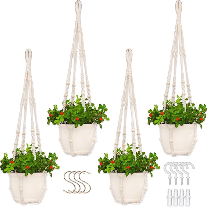petonfun Macrame Plant Hanger Indoor,Hanging Planters for Indoor Plants with 8 Hooks,Outdoor Hanging Plant Holder Crochet for Window,Ceiling Boho Home Decor Basket Pot,White 4 Pack,Ivory